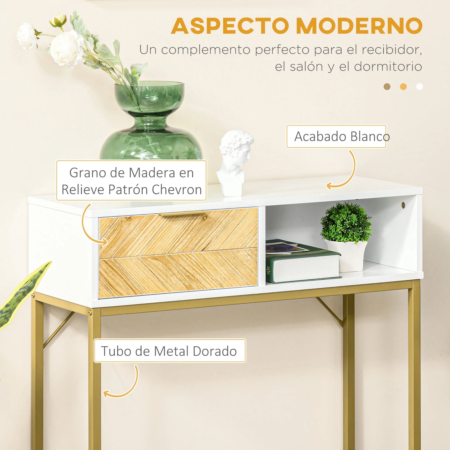 HOMCOM Flur Konsole Tisch Moderner Stil mit Schublade und Offenem Regal 80x30x80 cm Weiß und Gold