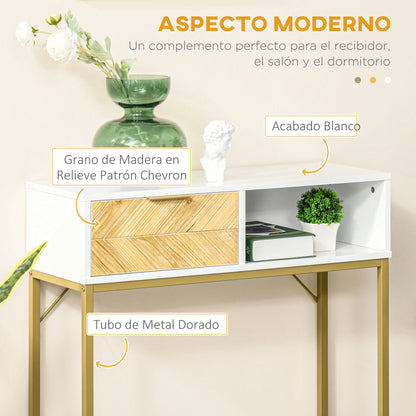 HOMCOM Flur Konsole Tisch Moderner Stil mit Schublade und Offenem Regal 80x30x80 cm Weiß und Gold