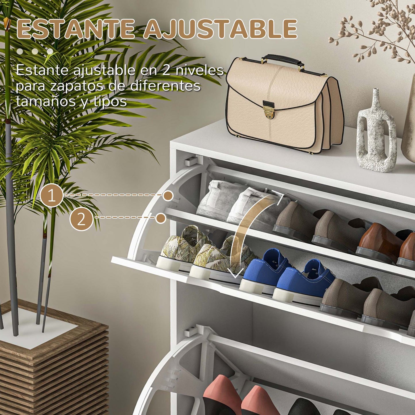 HOMCOM Moderner Schuhregal Eingangsschuhschrank mit 2 Klapptüren und verstellbaren Regalen für 16 Paar Schuhe Schmaler Schuhschrank für Flur 81,5x25x83 cm Weiß