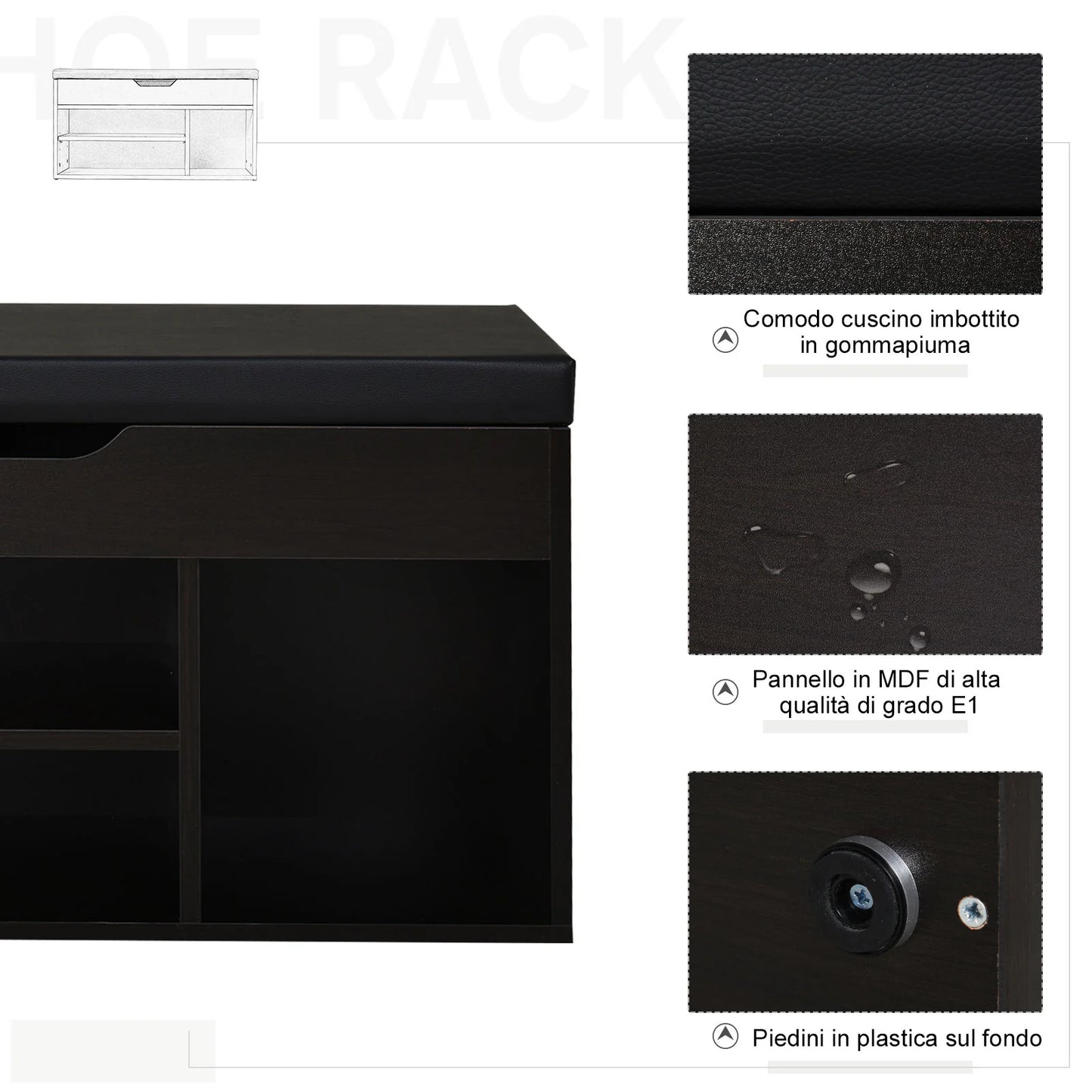 HOMCOM Gepolsteter Schuhschrank für den Eingangsbereich, Schuhschrank mit Schuhregal, 3 Fächer, Sitzfläche aus PU-Leder, für Wohn- und Flurbereich, 80x30x43 cm, Schwarz