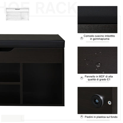 HOMCOM Gepolsteter Schuhschrank für den Eingangsbereich, Schuhschrank mit Schuhregal, 3 Fächer, Sitzfläche aus PU-Leder, für Wohn- und Flurbereich, 80x30x43 cm, Schwarz