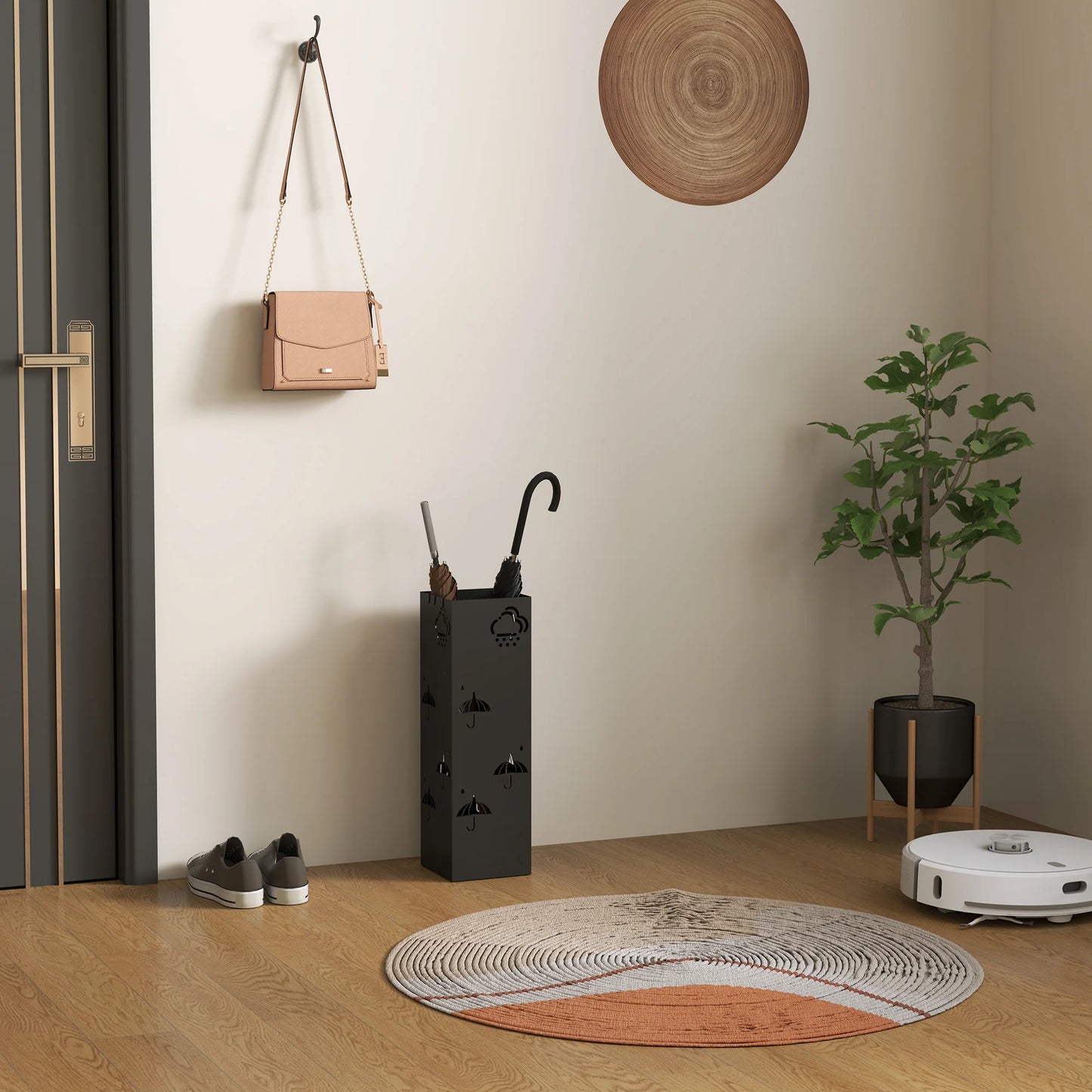HOMCOM Regenschirmständer mit 4 Haken, abnehmbare Wasserauffangschale, dekorativer Regenschirmhalter für Sonnenschirme, Regentage & Gehstöcke, Stahl 15,5 x 15,5 x 49 cm Schwarz