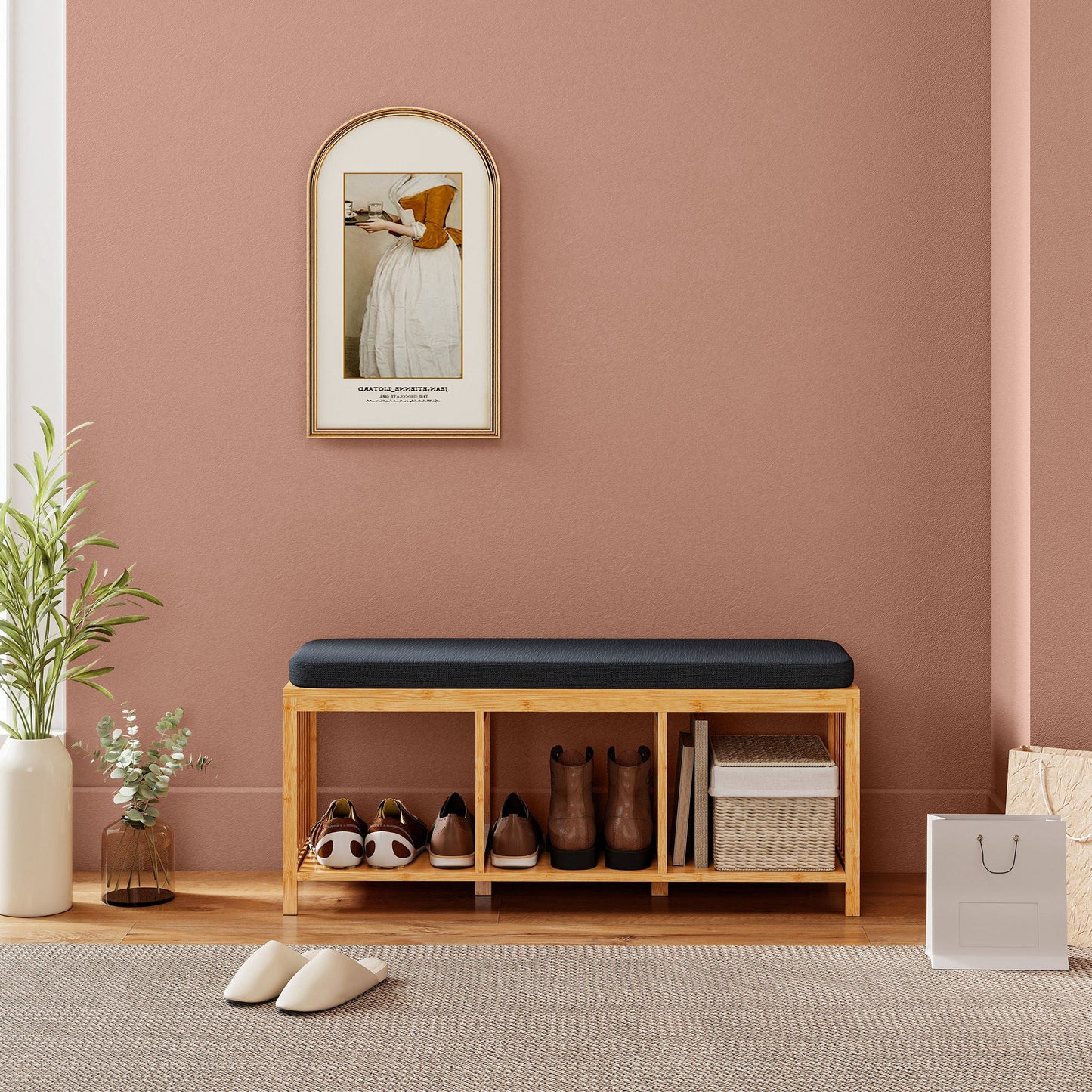 HOMCOM Bambus-Schuhbank mit gepolstertem Sitz und offener Ablage für Flur & Eingangsbereich, 102 x 33 x 45 cm, Naturholz