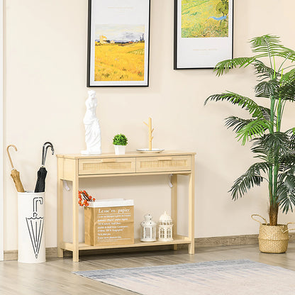 HOMCOM Konsolentisch Flurtisch mit 2 Schubladen Rattanoberfläche und unterem Regal für Flur Wohnzimmer Schlafzimmer Rustikaler Stil 100x30x76 cm Natur