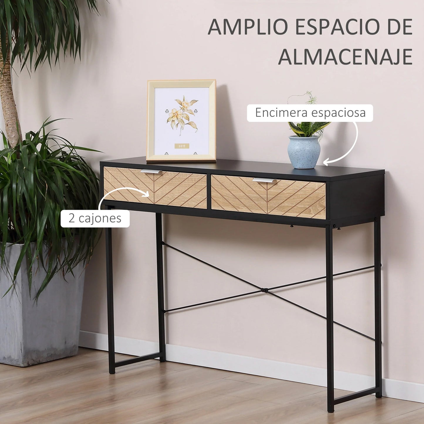 HOMCOM Schmale Konsole Eingangstisch mit 2 Schubladen, geschnitzte Linien, modernes Design für Flur, Eingangsbereich, Wohnzimmer und Schlafzimmer, 100x30x75 cm, Schwarz und Eiche