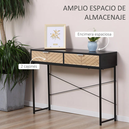 HOMCOM Schmale Konsole Eingangstisch mit 2 Schubladen, geschnitzte Linien, modernes Design für Flur, Eingangsbereich, Wohnzimmer und Schlafzimmer, 100x30x75 cm, Schwarz und Eiche