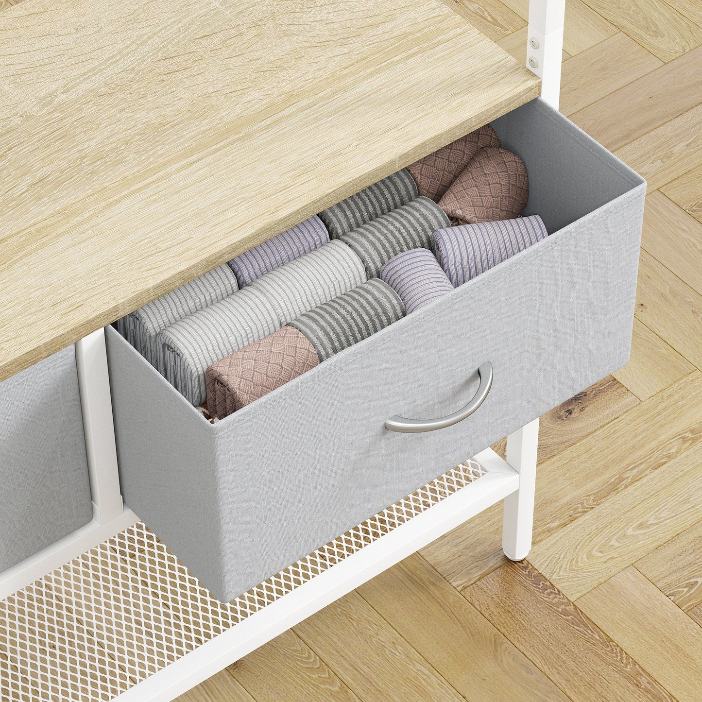 HOMCOM Garderobe mit Schuhregal – Eingangsbereich Garderobe mit Schuhregal, 8 Haken, 2 Stoffschubladen, Maschenregal im industriellen Stil für hängende Kleidung – Flur, Schlafzimmer, Wohnzimmer 80x30x180,5 cm Natur