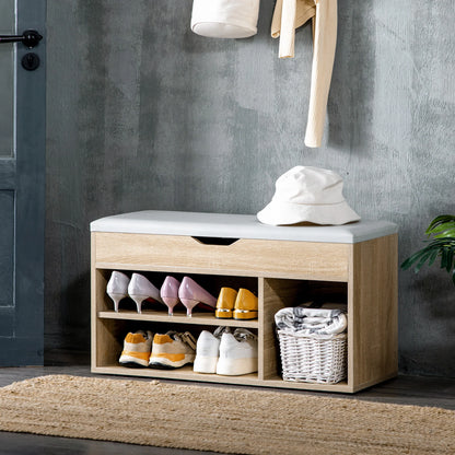 HOMCOM Platzsparender Polster-Schuhe-Schrank, Eingangs-Schränke mit Schuhaufbewahrung, 3 Fächer, PU-Leder Sitzfläche, für Wohnzimmer und Flur, 80x30x43 cm, Holzfarbe