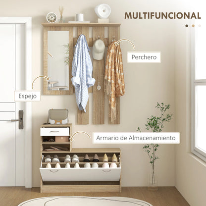 HOMCOM Flur Organizer mit Spiegel, Garderobe und Schuhschrank - 2-teiliges Möbelset für den Eingangsbereich mit 6 Haken, Regalen und Klappen-Schublade für einen natürlichen Flur