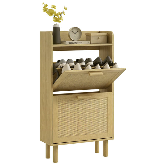 HOMCOM Schuhschrank für den Eingangsbereich im Bohemian-Stil – Schuhschrank für 18 Paar Schuhe mit 2 Klappschubladen und 1 offenen Regal – Schmaler Schuhschrank für Flur 80x24,5x110 cm Eiche