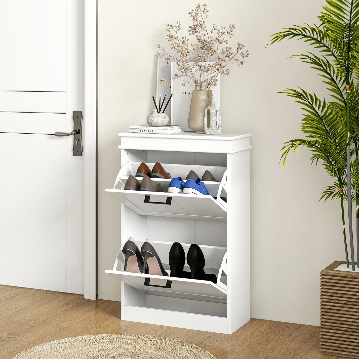 HOMCOM Schuhschrank, Schuhregal, 2 Klapptüren, verstellbare Regale, für Eingangsbereich, Flur, 54 x 24 x 82,5 cm, Weiß