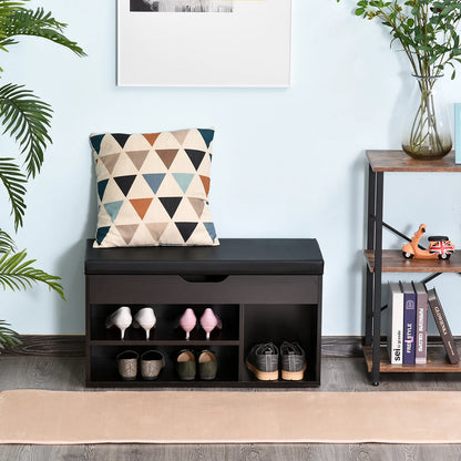 HOMCOM Gepolsteter Schuhschrank für den Eingangsbereich, Schuhschrank mit Schuhregal, 3 Fächer, Sitzfläche aus PU-Leder, für Wohn- und Flurbereich, 80x30x43 cm, Schwarz