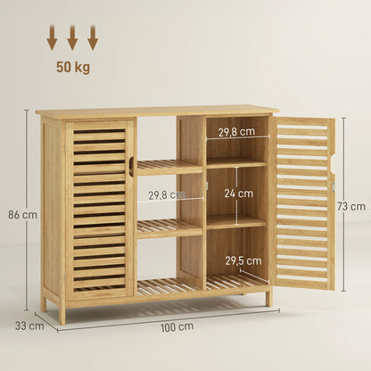 HOMCOM Bambus Schuhschrank mit 2 Lamellentüren – Schuhregal für den Eingangsbereich mit Regalen und offenen Fächern für 9 Paare Schuhe 100x33x86 cm Natur