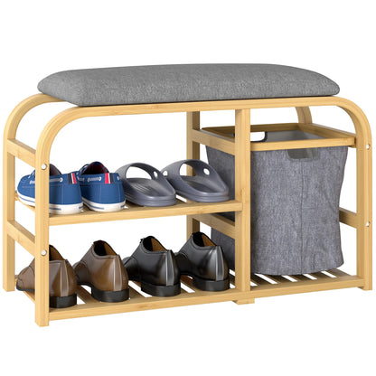 HOMCOM Schuhbank aus Bambus mit gepolsterter Sitzfläche, 2 Lattenregalen und schiebendem Stoffkorb, Flurbank für Flur, Schlafzimmer, 70x30x45cm, Naturholz