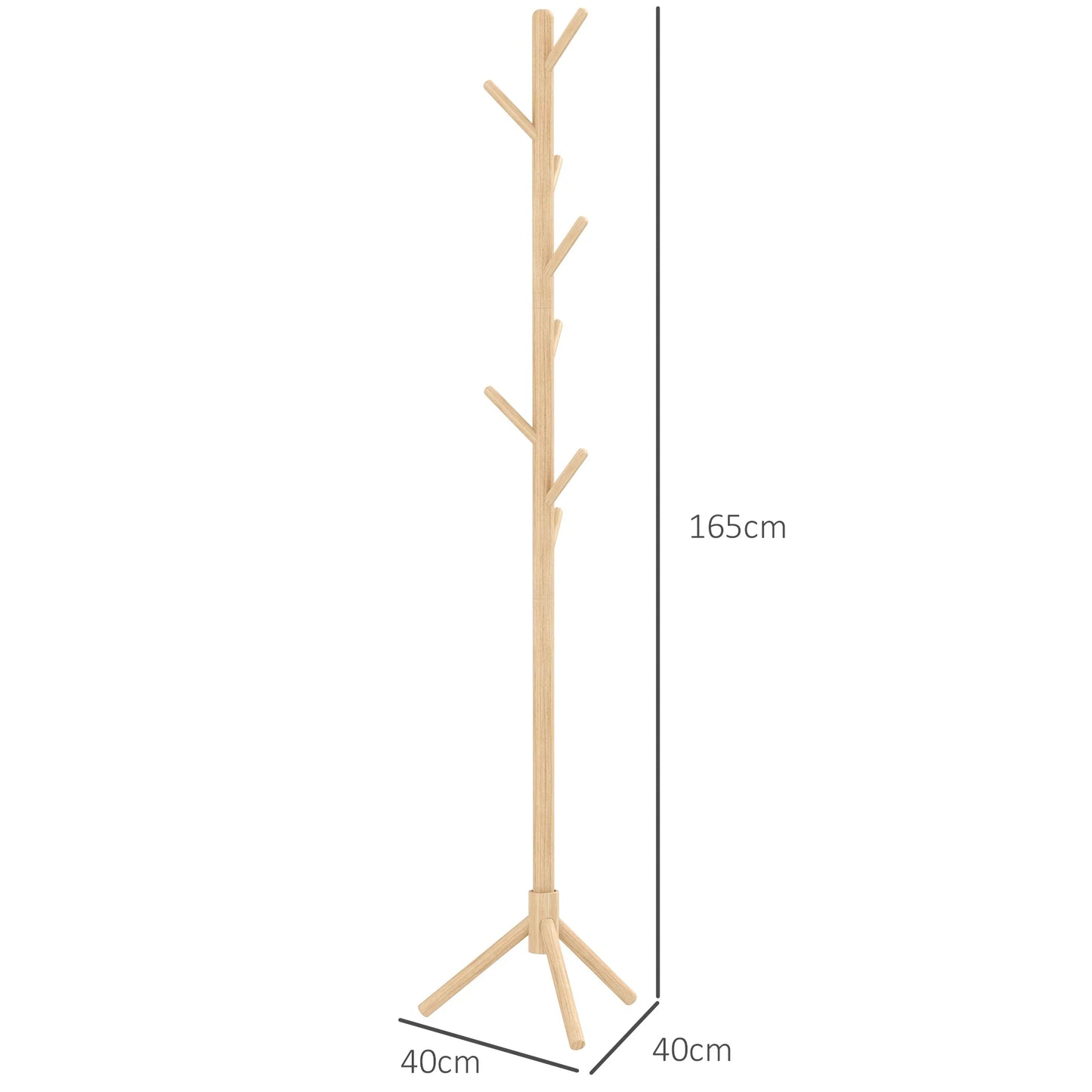 HOMCOM Freistehender Kleiderständer mit 8 Haken - Holz Kleiderbaum für Flur, Eingangsbereich, Schlafzimmer 40x40x165 cm Natur