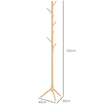 HOMCOM Freistehender Kleiderständer mit 8 Haken - Holz Kleiderbaum für Flur, Eingangsbereich, Schlafzimmer 40x40x165 cm Natur
