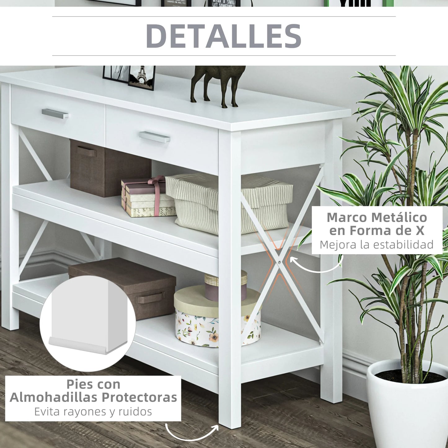 HOMCOM Konsolentisch Flurtisch mit 2 Schubladen und unteren Regalen Moderner Stil Metallrahmen 105x40x76 cm Weiß