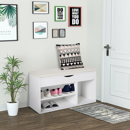 HOMCOM Schuhbank mit Sitzplatz – Moderne Schuhaufbewahrung für den Eingangsbereich mit Schublade, offenen Regalen und 1 Kissen für Flur 80x30x47cm