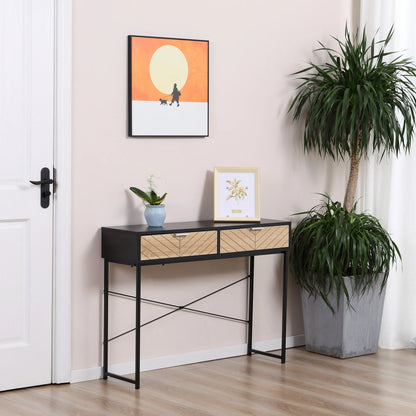 HOMCOM Schmale Konsole Eingangstisch mit 2 Schubladen, geschnitzte Linien, modernes Design für Flur, Eingangsbereich, Wohnzimmer und Schlafzimmer, 100x30x75 cm, Schwarz und Eiche