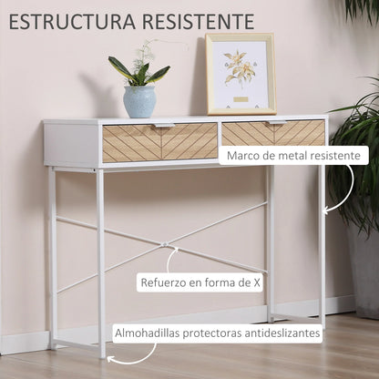 HOMCOM Schmale Konsole für den Eingangsbereich mit 2 Schubladen, modernes Design mit eingeprägten Linien für Flur, Wohnzimmer und Schlafzimmer 100x30x75 cm Weiß und Eiche