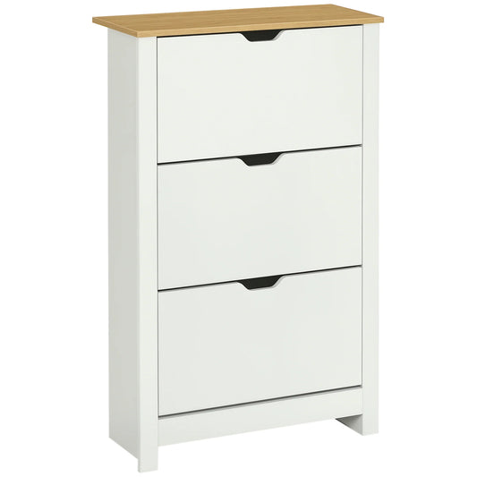 HOMCOM Schuhschrank mit 3 Klappen, Schuhregal, schmaler Schuhschrank mit verstellbarem Fach, Schuhschrank für 18 Paar Schuhe 72 x 26 x 112 cm, Weiß+Natur