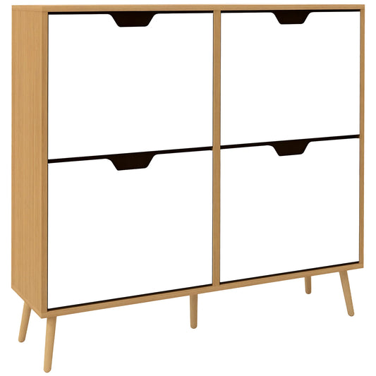 HOMCOM Schuhschrank mit 4 Klappen und verstellbaren Regalen, Schuhaufbewahrungsschrank für 16 Paar Schuhe, schmaler Schuhregal für den Eingangsbereich 95x26x95 cm Naturholz