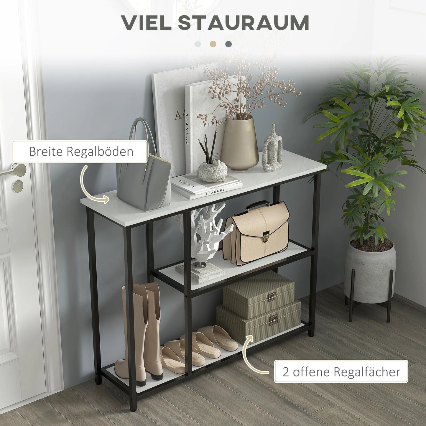 HOMCOM Konsolentisch, Flurtisch mit 3 Regalen, 100 x 30 x 80 cm, Beistelltisch, kleiner Präsentationstisch für schmale Räume, Flur, Diele, Wohnzimmer, Schlafzimmer, Weiß