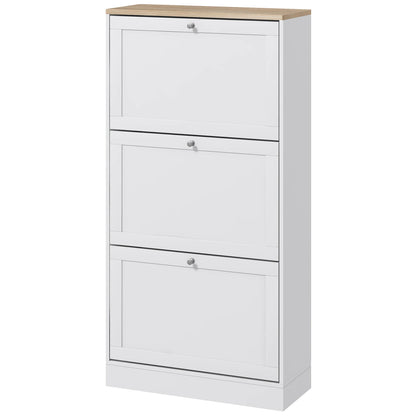 HOMCOM Schmales Schuhschrank mit 3 Klapptüren – Schuhaufbewahrung für den Eingangsbereich mit verstellbaren Regalen für 18 Paar Schuhe für schmale Flure 60x23,5x115 cm Weiß