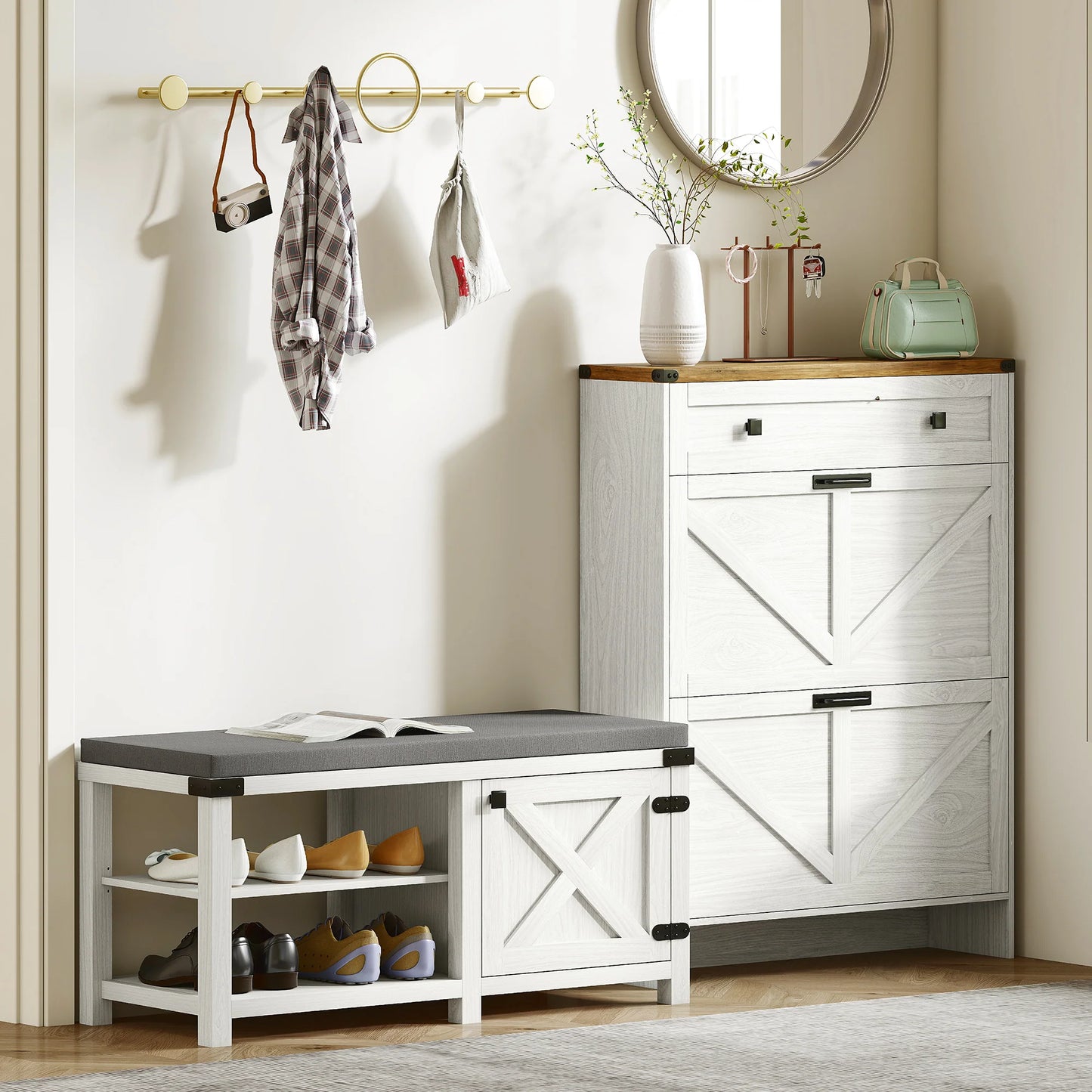 HOMCOM Rustikaler Schuhbänke Schuh Organizer mit Sitzplatz Schuhlagerbank mit Fächern und Kissen für 7 Paar Schuhe für Flur Wohnzimmer Schlafzimmer 100x40x48 cm Weiß und Grau