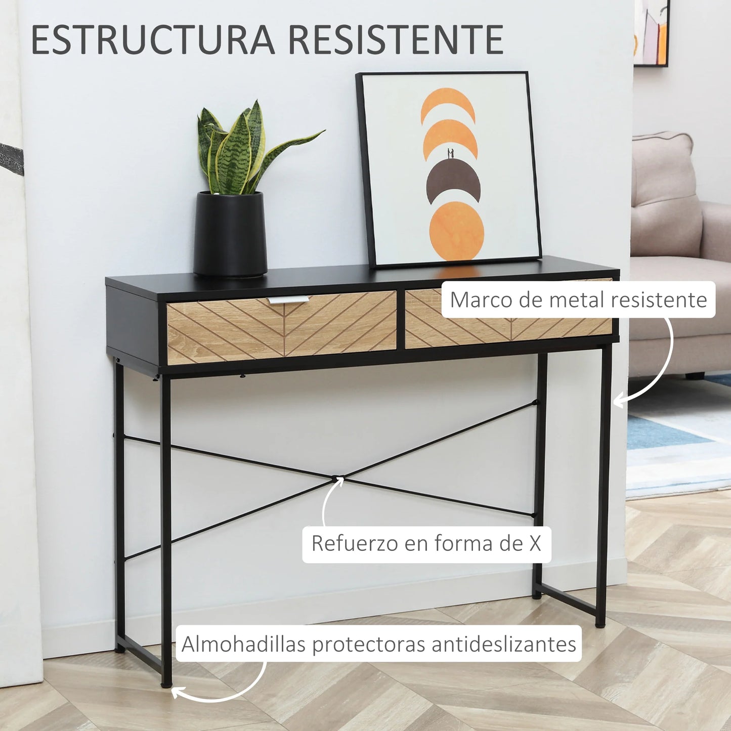 HOMCOM Schmale Konsole Eingangstisch mit 2 Schubladen, geschnitzte Linien, modernes Design für Flur, Eingangsbereich, Wohnzimmer und Schlafzimmer, 100x30x75 cm, Schwarz und Eiche
