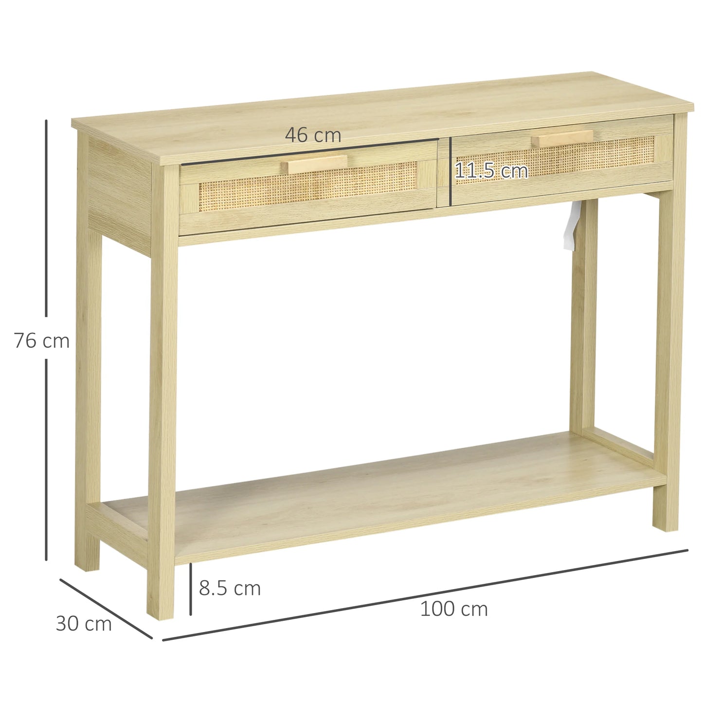 HOMCOM Konsolentisch Flurtisch mit 2 Schubladen Rattanoberfläche und unterem Regal für Flur Wohnzimmer Schlafzimmer Rustikaler Stil 100x30x76 cm Natur