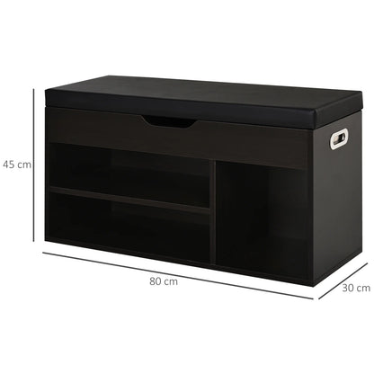 HOMCOM Gepolsteter Schuhschrank für den Eingangsbereich, Schuhschrank mit Schuhregal, 3 Fächer, Sitzfläche aus PU-Leder, für Wohn- und Flurbereich, 80x30x43 cm, Schwarz