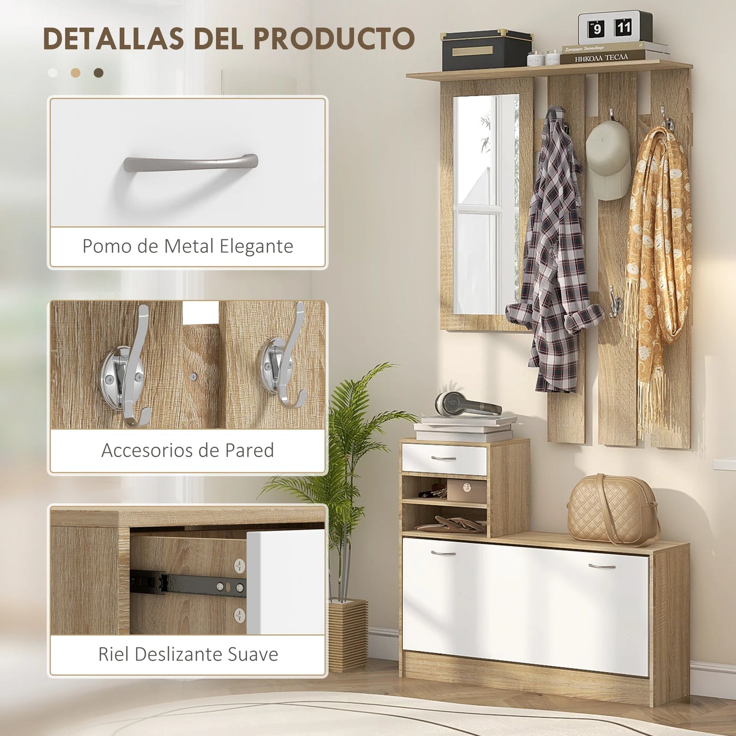 HOMCOM Flur Organizer mit Spiegel, Garderobe und Schuhschrank - 2-teiliges Möbelset für den Eingangsbereich mit 6 Haken, Regalen und Klappen-Schublade für einen natürlichen Flur