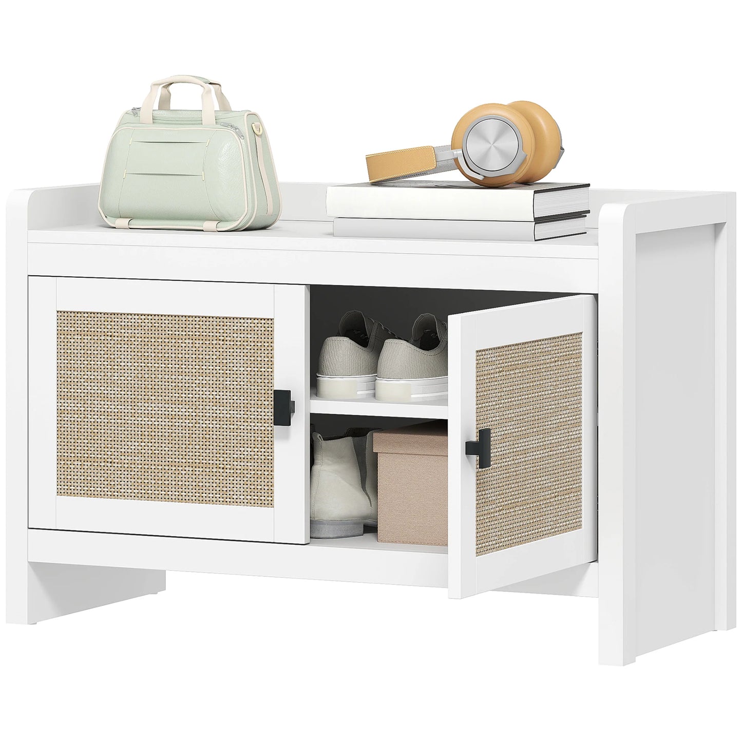 HOMCOM Bohemian Schuhbank mit Rattan-Fronttüren, Abnehmbares Regal für 8 Paar Schuhe für Flur und Schlafzimmer 80x35x52 cm Weiß