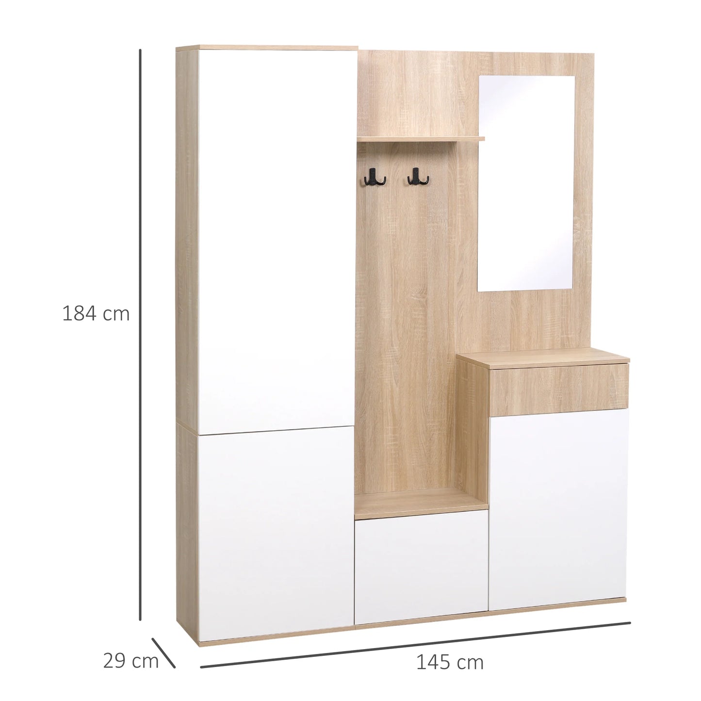 HOMCOM 4-in-1 Garderobenständer mit Spiegel, Haken und verstellbaren Regalen, multifunktionales Möbelstück für den Eingangsbereich aus Holz mit Schublade, 145x29x184 cm, Naturholz und Weiß