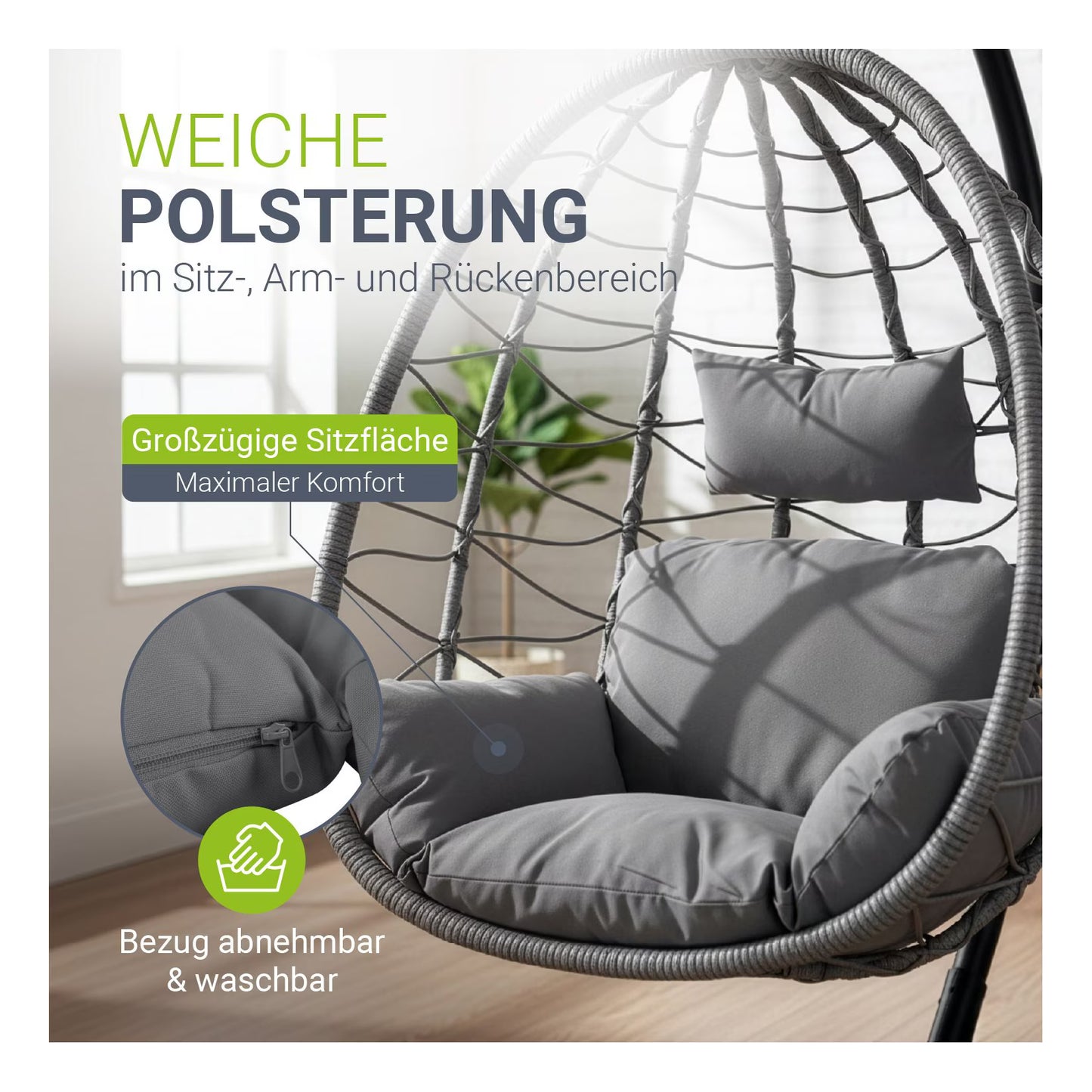 Juskys Korb-Hängesessel Aria faltbar & höhenverstellbar mit Eisengestell bis 130 kg Dunkelgrau