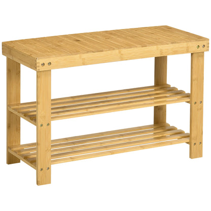 HOMCOM Schuhbank mit Sitzfläche, Bambus Sitzbank mit Stauraum, Schuhregal mit 2 offenen Fächern Garderobenbank für Wohnzimmer, Flur, 70 x 28 x 45 cm Natur