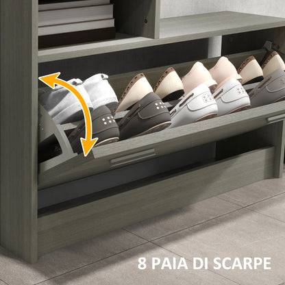 HOMCOM 4-in-1 Flurmöbel Set mit Garderobe, Spiegel, Sitzbank mit Regal und Schuhregal für 8 Paar Schuhe, Grau