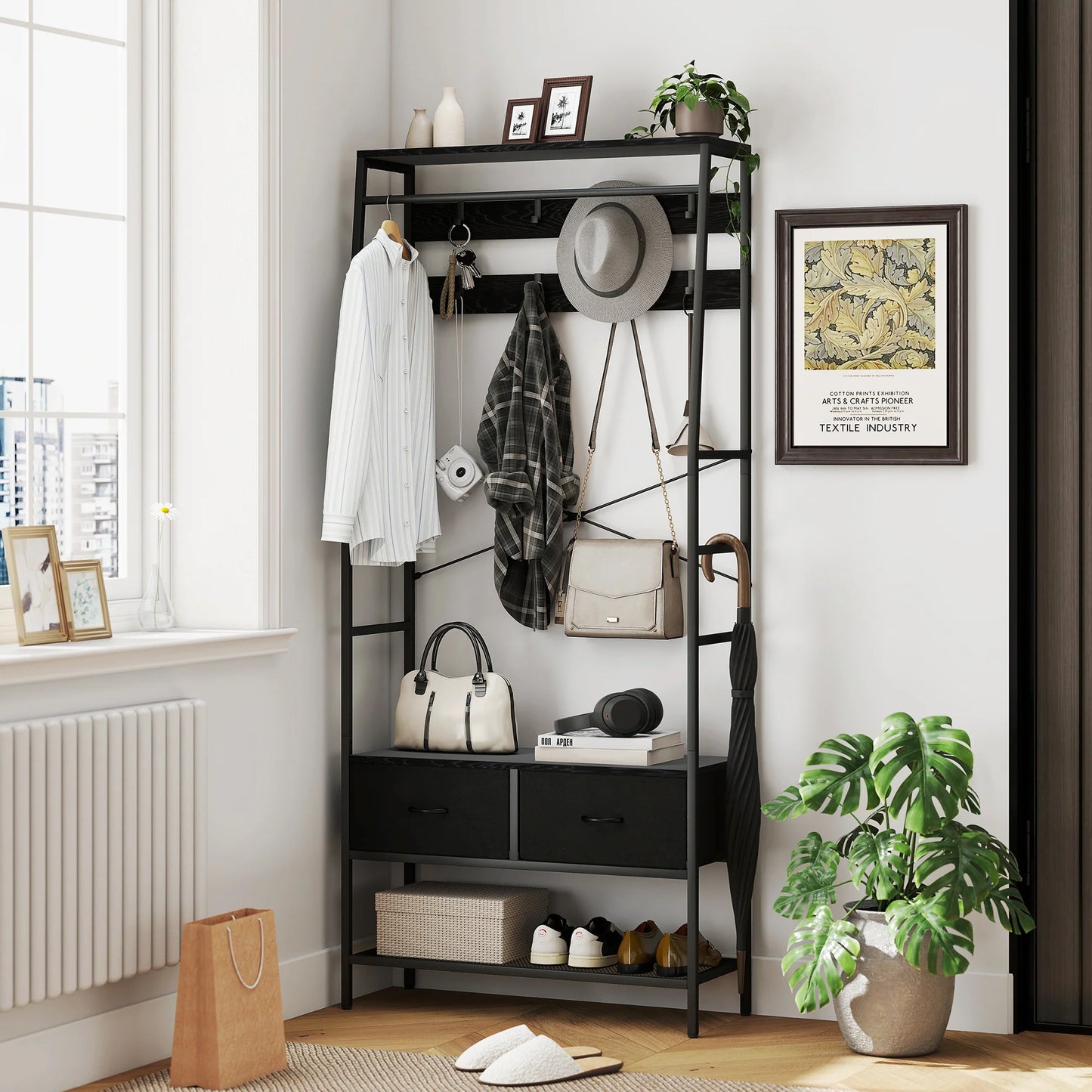 HOMCOM Garderobenständer, Kleiderstange mit Schuhregal, 2 Stoffschubladen, Garderobe mit 8 Haken, Regal, Garderobenständer mit Kippschutz, für Eingangsbereich, Flur, Schlafzimmer, Schwarz