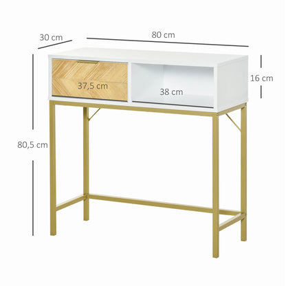 HOMCOM Flur Konsole Tisch Moderner Stil mit Schublade und Offenem Regal 80x30x80 cm Weiß und Gold