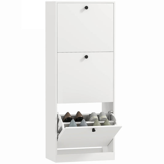 HOMCOM Schuhschrank mit 3 Klappen, Schuhregal mit verstellbarem Fach, schmaler Schuhschrank für 12 Paar Schuhe 47 x 26 x 120 cm, Weiß