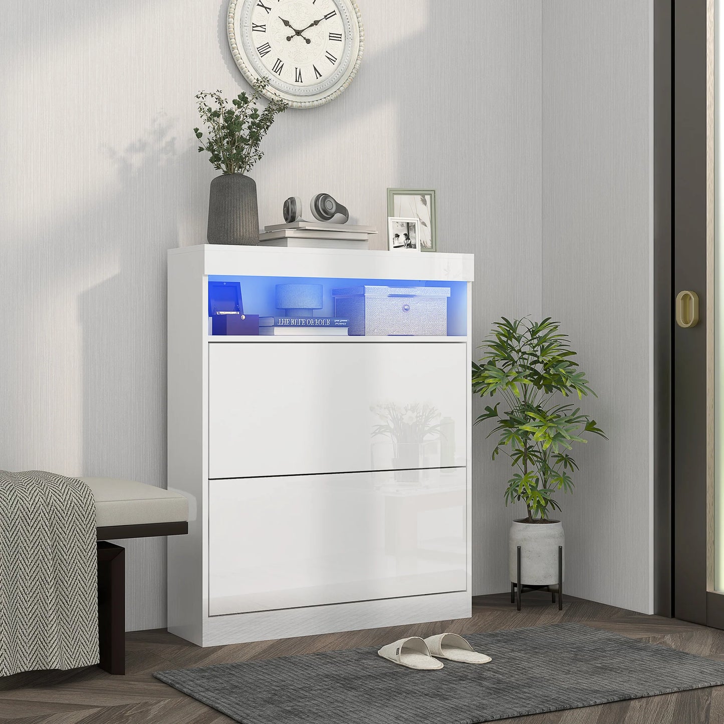HOMCOM Schuhschrank für den Eingangsbereich, Wandschrank oder freistehend mit LED-Lichtern, offenes Regal und 2 klappbaren Schubladen für 12-16 Paare Schuhe, 80x24x99,5 cm, Hellweiß