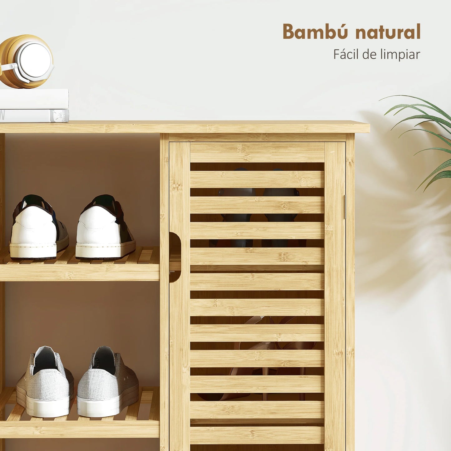 HOMCOM Bambus Schuhschrank mit 2 Lamellentüren – Schuhregal für den Eingangsbereich mit Regalen und offenen Fächern für 9 Paare Schuhe 100x33x86 cm Natur