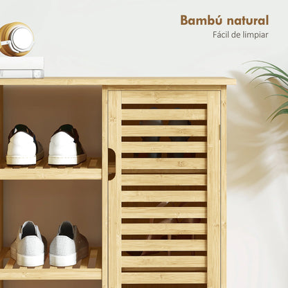 HOMCOM Bambus Schuhschrank mit 2 Lamellentüren – Schuhregal für den Eingangsbereich mit Regalen und offenen Fächern für 9 Paare Schuhe 100x33x86 cm Natur