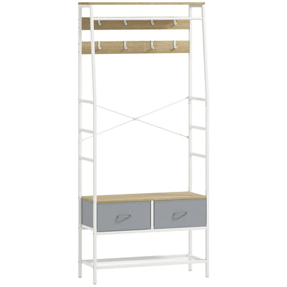 HOMCOM Garderobe mit Schuhregal – Eingangsbereich Garderobe mit Schuhregal, 8 Haken, 2 Stoffschubladen, Maschenregal im industriellen Stil für hängende Kleidung – Flur, Schlafzimmer, Wohnzimmer 80x30x180,5 cm Natur