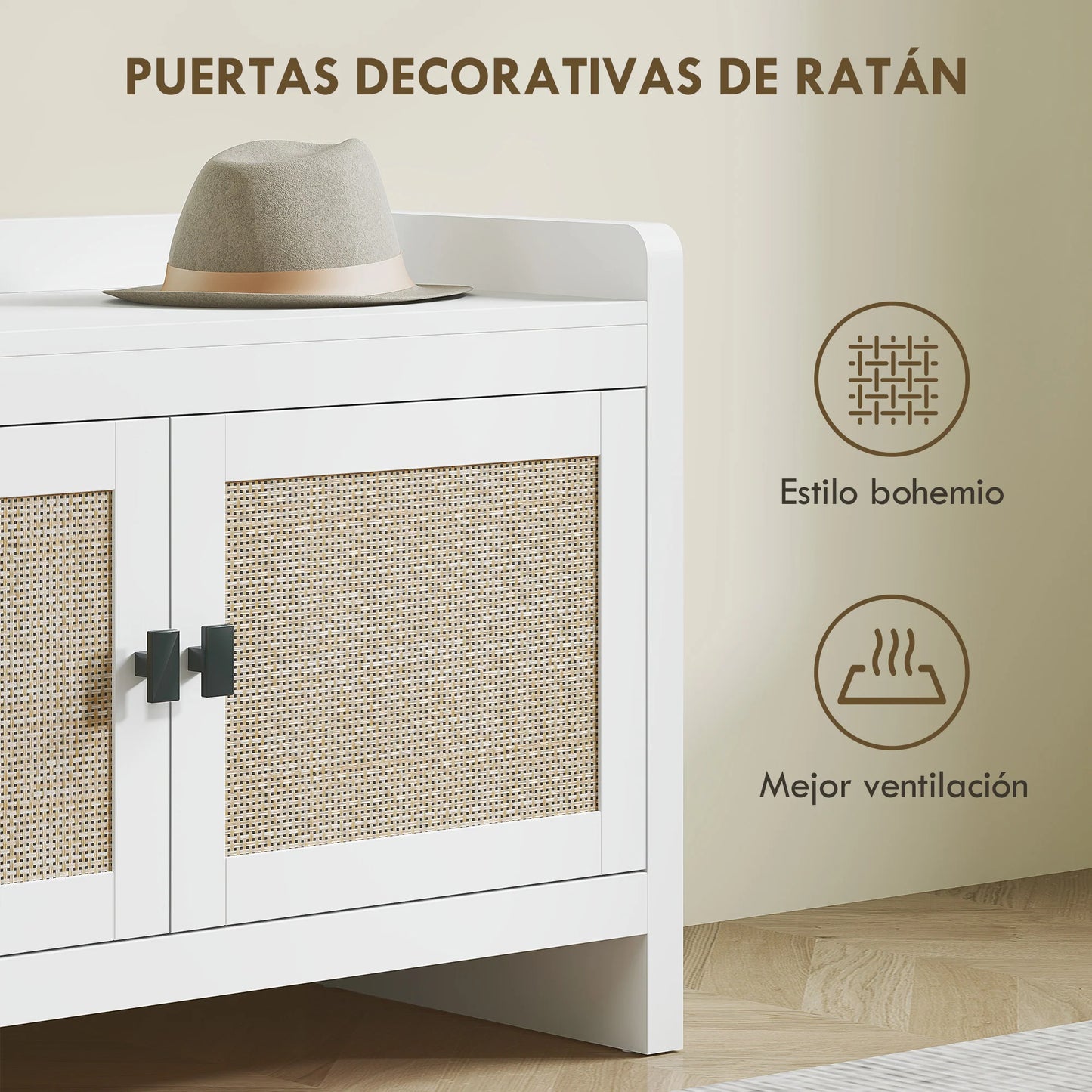 HOMCOM Bohemian Schuhbank mit Rattan-Fronttüren, Abnehmbares Regal für 8 Paar Schuhe für Flur und Schlafzimmer 80x35x52 cm Weiß