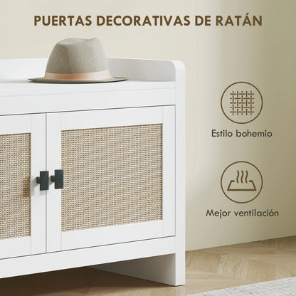 HOMCOM Bohemian Schuhbank mit Rattan-Fronttüren, Abnehmbares Regal für 8 Paar Schuhe für Flur und Schlafzimmer 80x35x52 cm Weiß