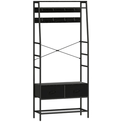 HOMCOM Garderobenständer, Kleiderstange mit Schuhregal, 2 Stoffschubladen, Garderobe mit 8 Haken, Regal, Garderobenständer mit Kippschutz, für Eingangsbereich, Flur, Schlafzimmer, Schwarz
