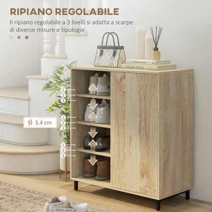 HOMCOM 4-stöckiger Schuhregal für den Eingangsbereich, Spanplatte und Stahl, Schuhaufbewahrung mit Schiebetür, Schuhlift mit Regalen für bis zu 12 Paar Schuhe, 80x40x93 cm, Holzfarbe