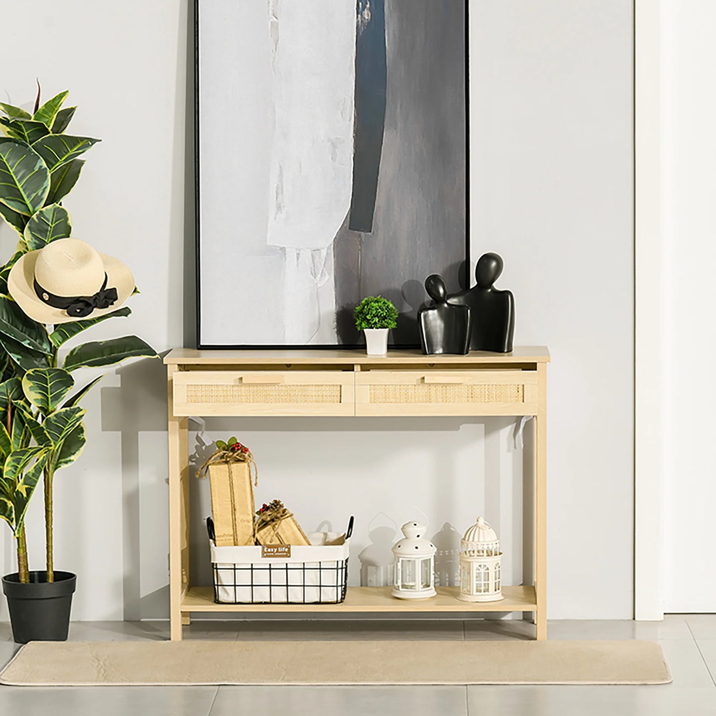 HOMCOM Konsolentisch Flurtisch mit 2 Schubladen Rattanoberfläche und unterem Regal für Flur Wohnzimmer Schlafzimmer Rustikaler Stil 100x30x76 cm Natur
